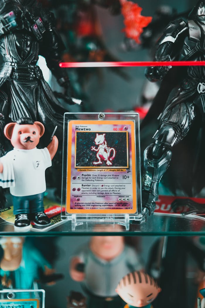 Close-up of rare Mewtwo Pokemon card displayed with various toy figures. Perfect for collectors.
